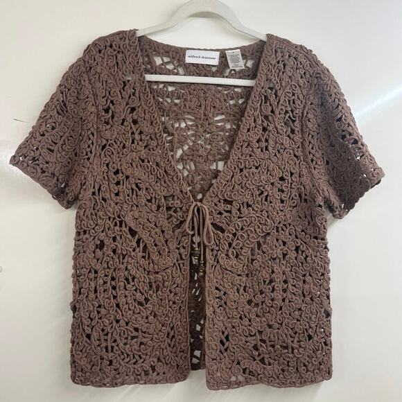 Alfred Dunner Tie Front Cardigan Open Knit Sweater Small Short Sleeve Knit Loop - Picture 1 of 7